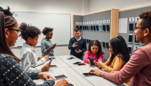 Teacher managing phones in the classroom with students placing devices in a storage system Teacher managing phones in the classroom with students placing devices in a storage system