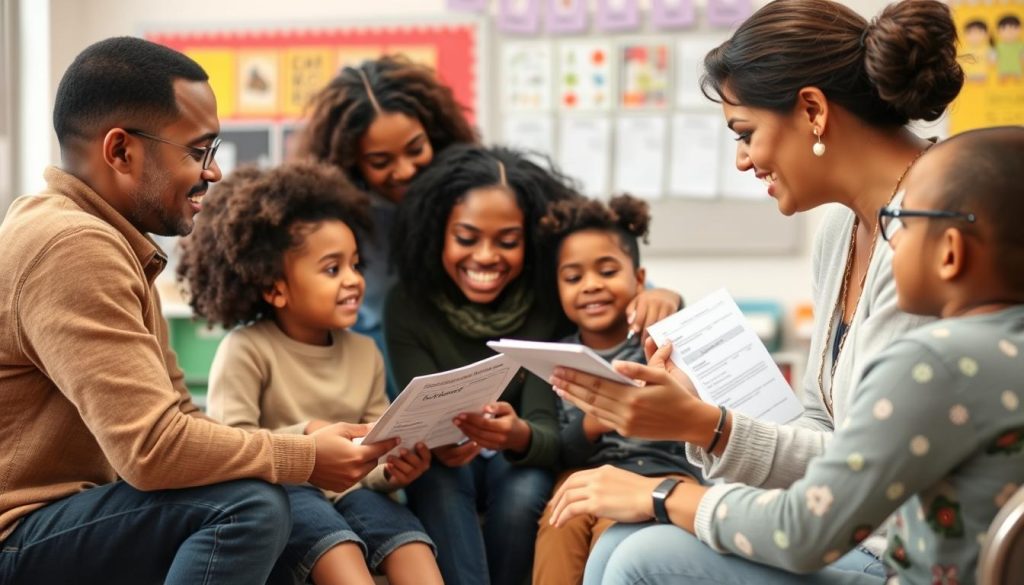 Teacher meeting with diverse families during a parent-teacher conference Teacher meeting with diverse families during a parent-teacher conference