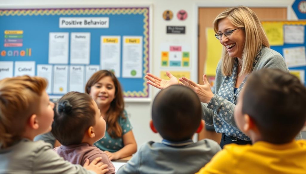 Teacher positively reinforcing good behavior for classroom management Teacher positively reinforcing good behavior for classroom management