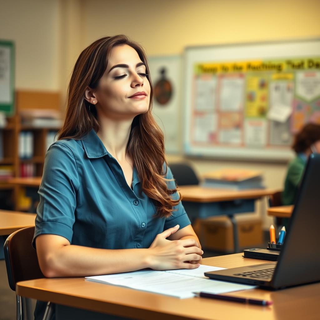 Teacher practicing mindful breathing at her desk before students arrive Teacher practicing mindful breathing at her desk before students arrive