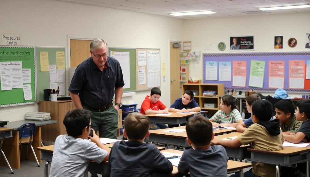 Teacher proactively engaging with students during a classroom management activity Teacher proactively engaging with students during a classroom management activity