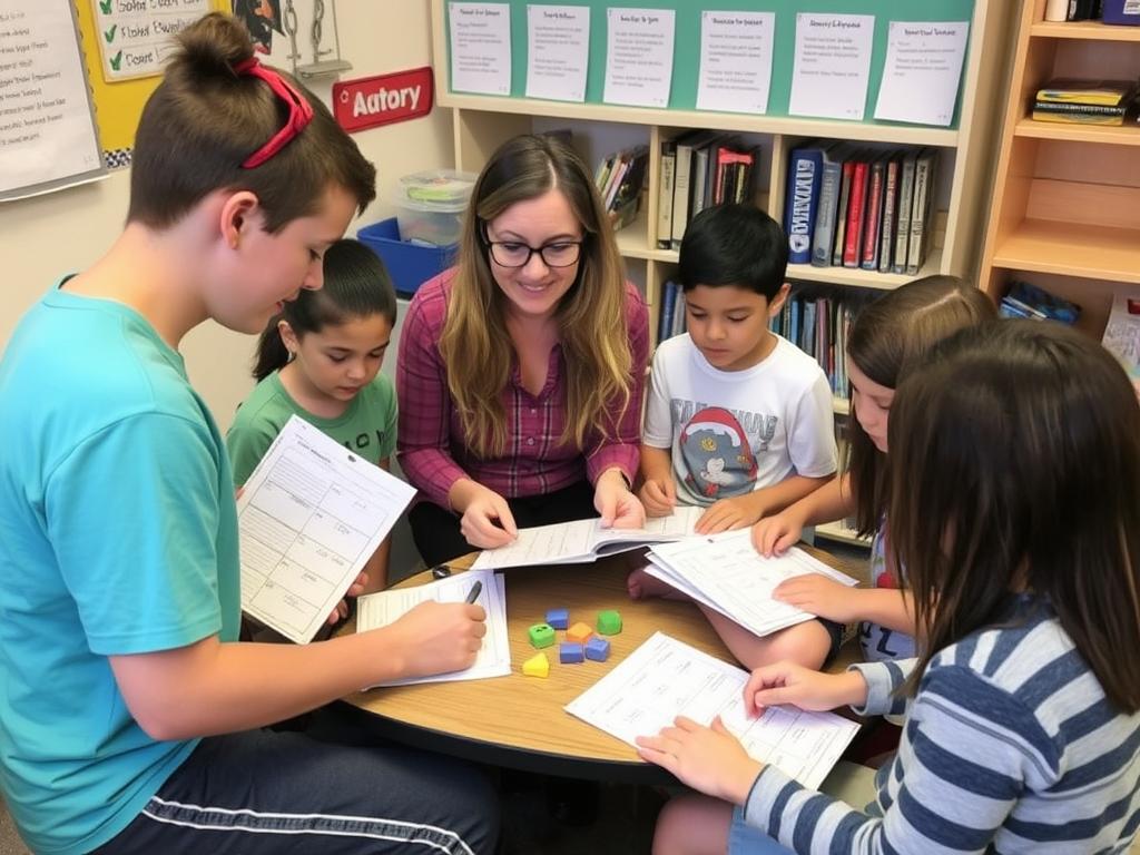 Teacher providing differentiated materials to students within a small group Teacher providing differentiated materials to students within a small group