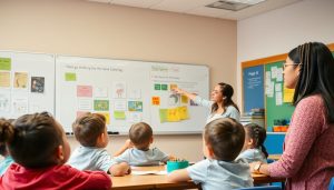 Teacher providing scaffolding support to students in a classroom setting Teacher providing scaffolding support to students in a classroom setting