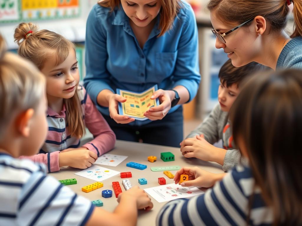 Teacher providing targeted instruction to a small group of students with hands-on materials Teacher providing targeted instruction to a small group of students with hands-on materials