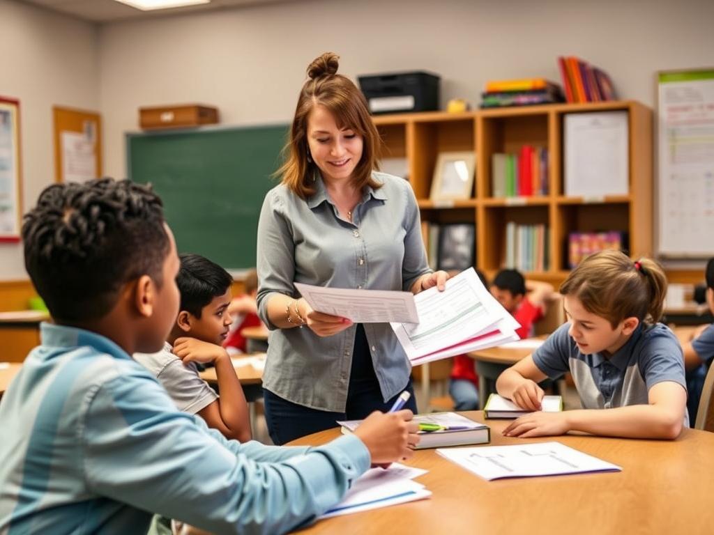 Teacher providing tiered assignments to students at different levels Teacher providing tiered assignments to students at different levels