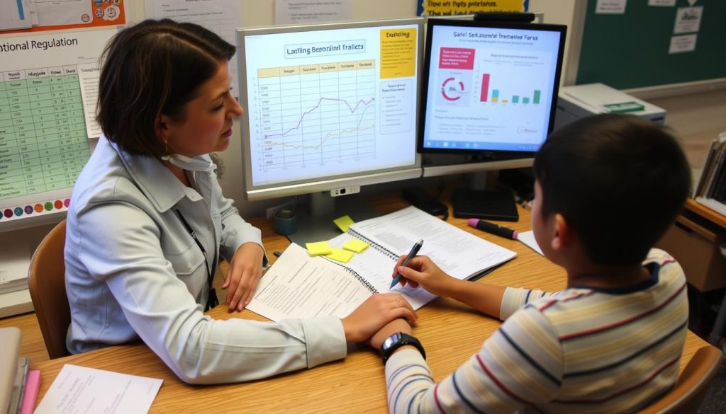 Teacher reviewing emotional regulation data and student progress notes Teacher reviewing emotional regulation data and student progress notes