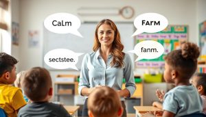 Teacher speaking to students with different vocal tones demonstrated through visual cues Teacher speaking to students with different vocal tones demonstrated through visual cues