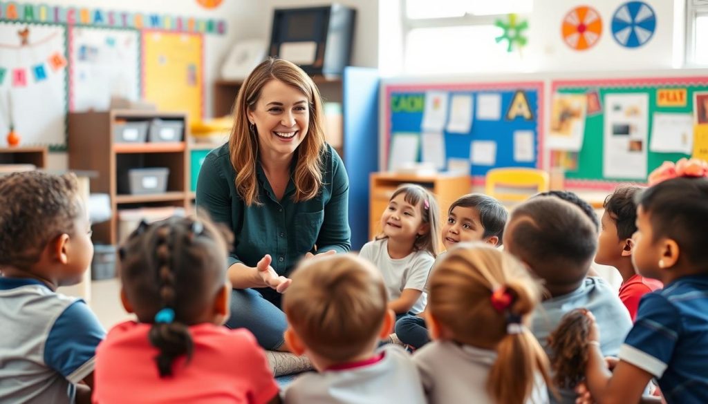 Teacher speaking with students in a positive classroom culture setting Teacher speaking with students in a positive classroom culture setting