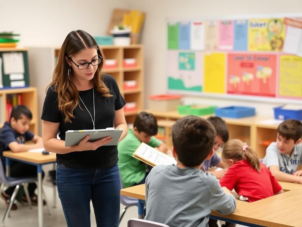 Teacher taking notes while observing students at learning stations Teacher taking notes while observing students at learning stations