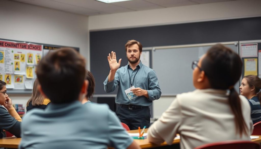 Teacher using attention-grabbing technique in noisy classroom Teacher using attention-grabbing technique in noisy classroom