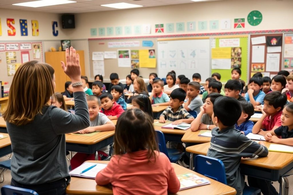 Teacher using hand signal to quiet a rowdy classroom of engaged students Teacher using hand signal to quiet a rowdy classroom of engaged students