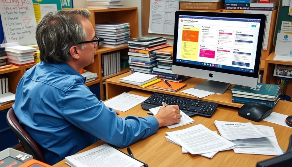 Teacher using lesson planning tools on a computer while surrounded by diverse classroom materials for diverse learners Teacher using lesson planning tools on a computer while surrounded by diverse classroom materials for diverse learners
