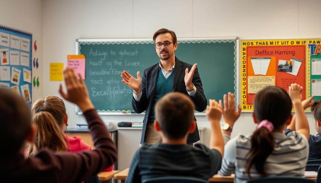 Teacher using positive tone strategies with students Teacher using positive tone strategies with students