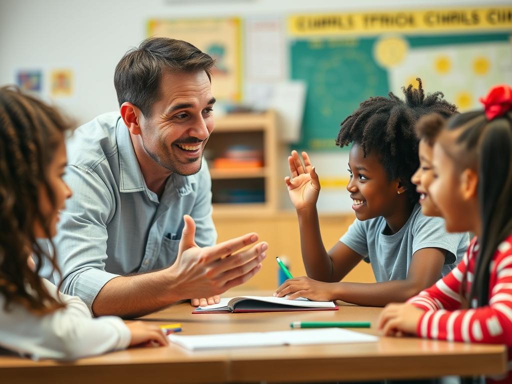 Teacher using positive tone while working with diverse elementary students Teacher using positive tone while working with diverse elementary students