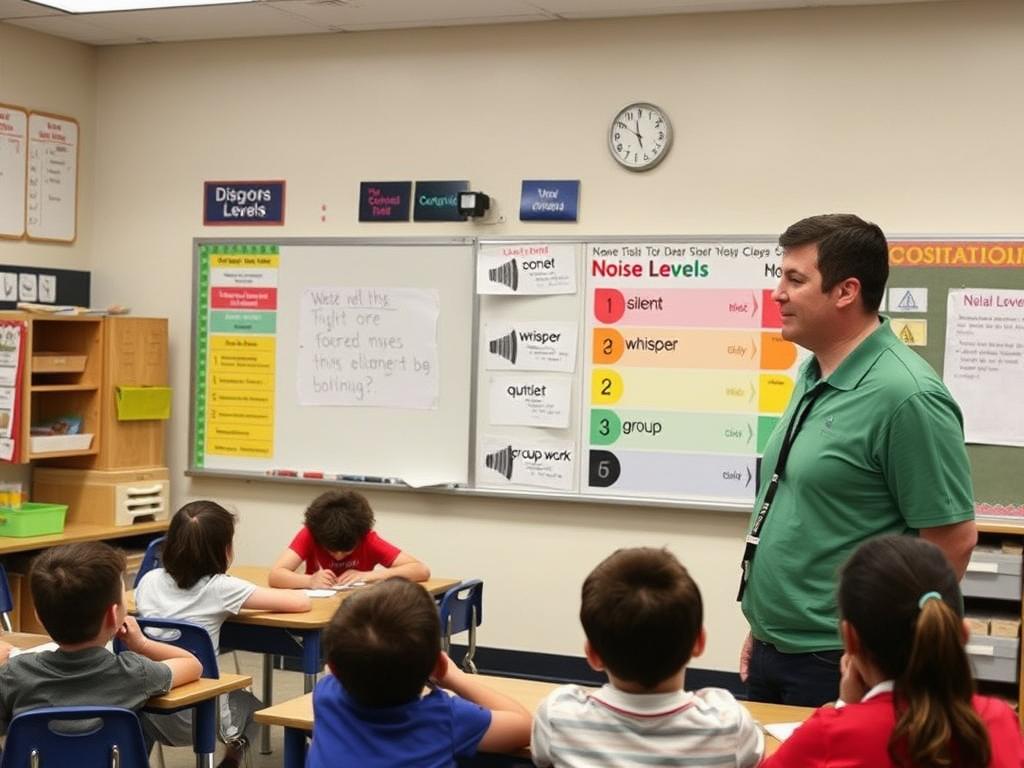 Teacher using visual noise level chart with students in classroom Teacher using visual noise level chart with students in classroom