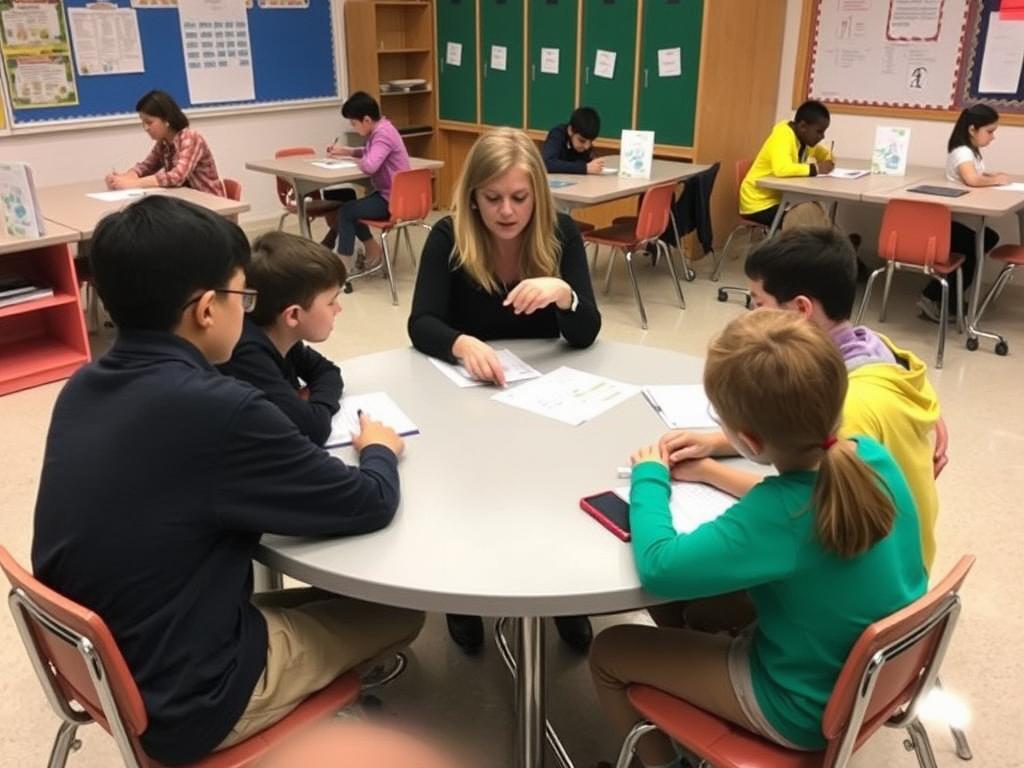 Teacher working with a small group at a learning station Teacher working with a small group at a learning station