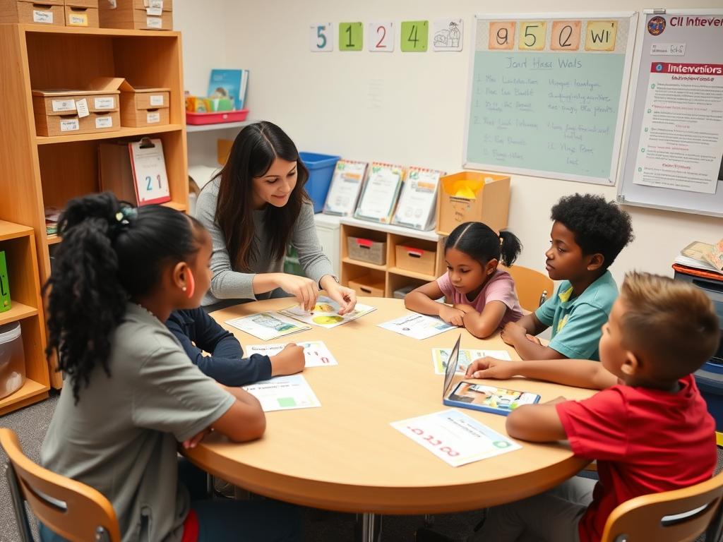 Teacher working with a small group of students in a targeted intervention session Teacher working with a small group of students in a targeted intervention session