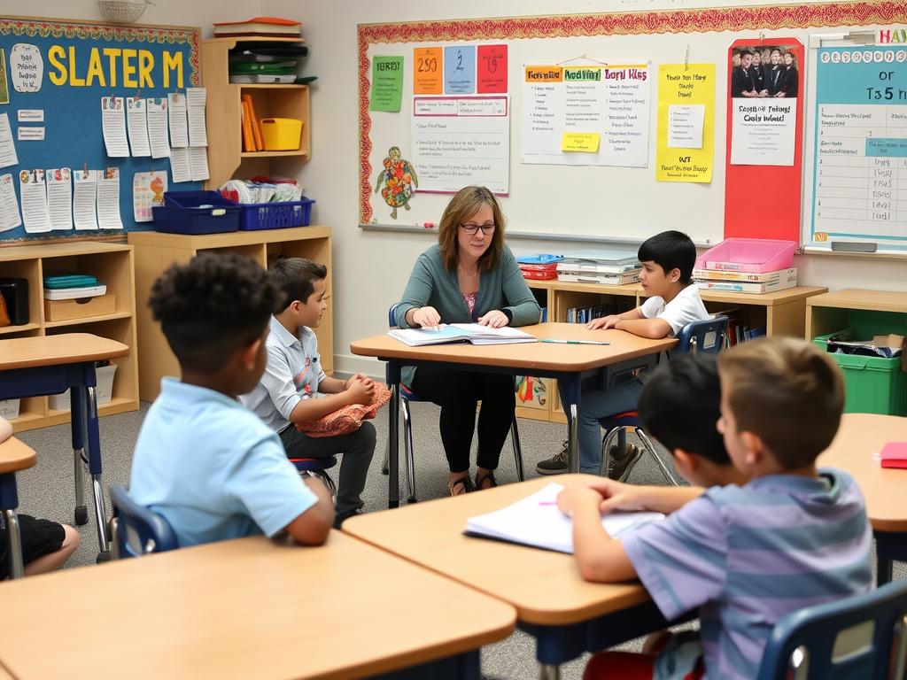 Teacher working with a small group while other students work independently - differentiation in action Teacher working with a small group while other students work independently - differentiation in action