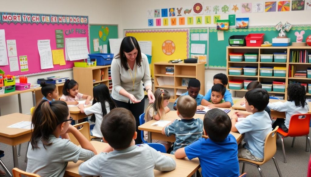 Teacher working with diverse group of students using differentiation resources for teachers Teacher working with diverse group of students using differentiation resources for teachers