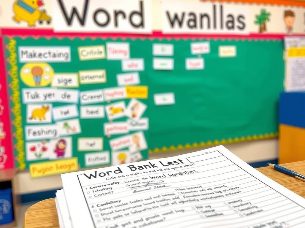 Vocabulary word wall and word bank resources in a classroom Vocabulary word wall and word bank resources in a classroom