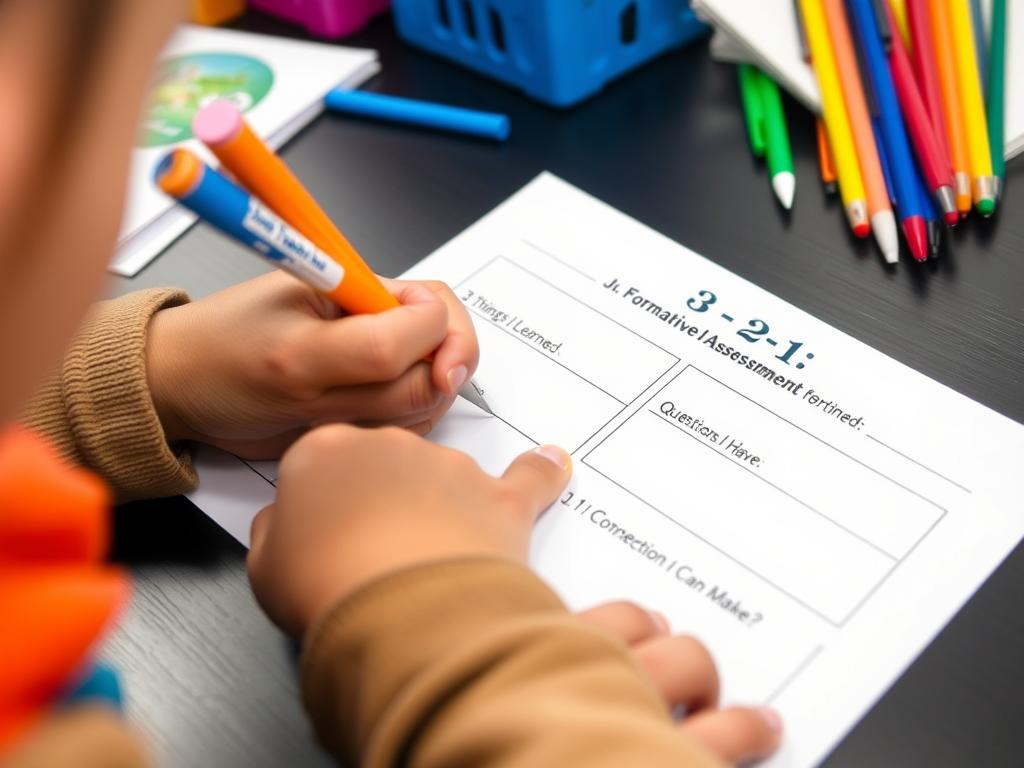 Student completing a 3-2-1 formative assessment worksheet Student completing a 3-2-1 formative assessment worksheet