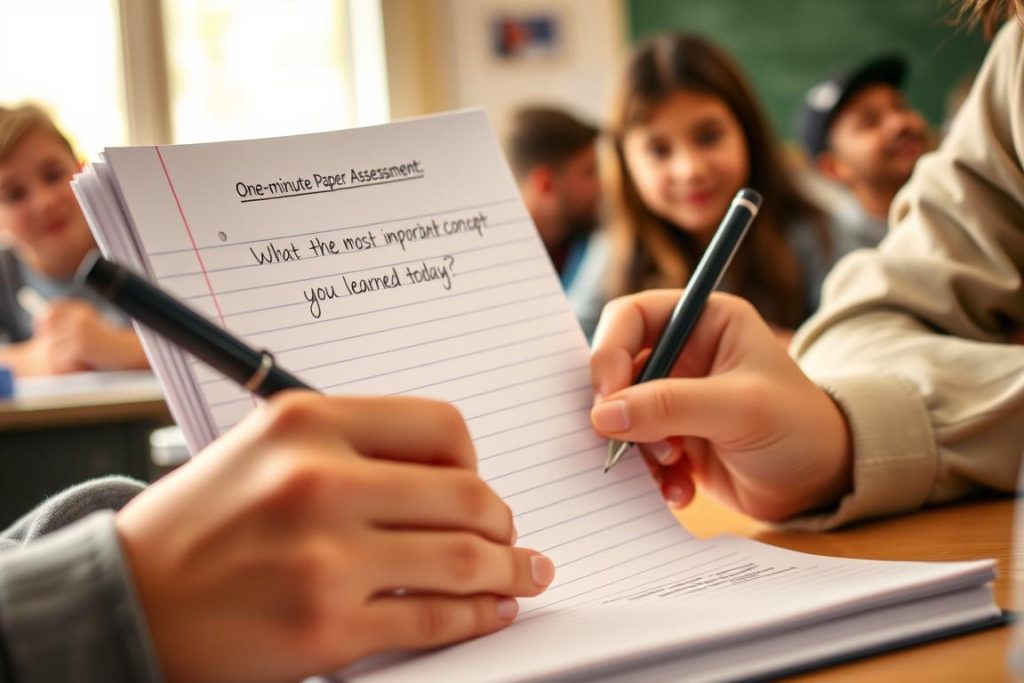 Student writing a one-minute paper as a formative assessment activity Student writing a one-minute paper as a formative assessment activity