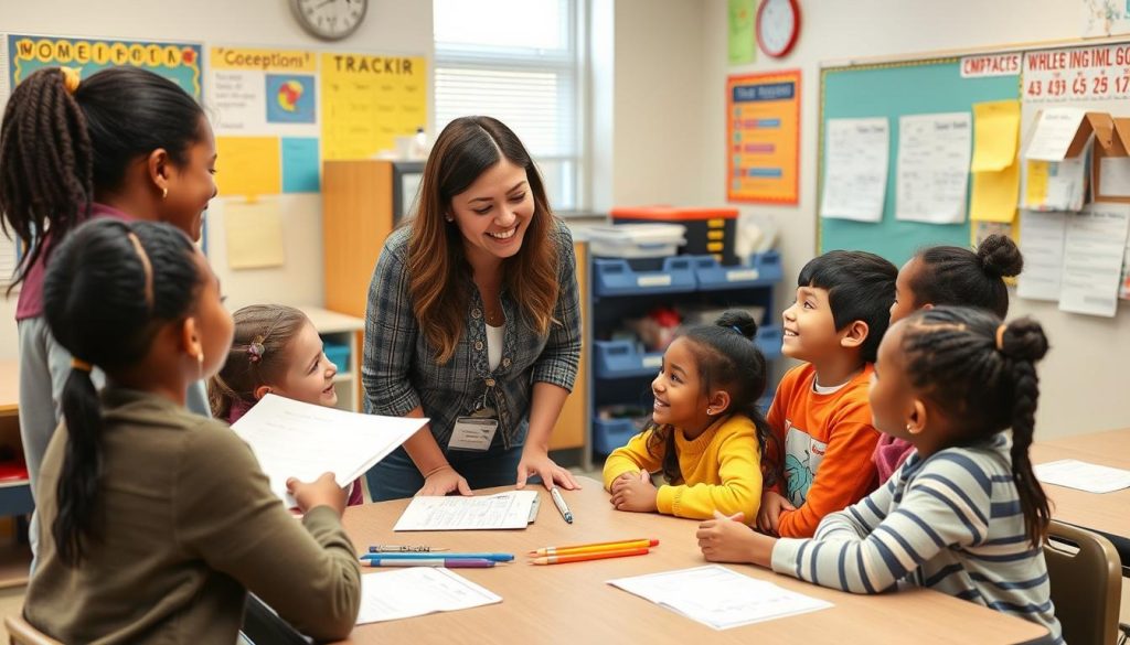 Teacher and students celebrating learning progress through formative assessment Teacher and students celebrating learning progress through formative assessment