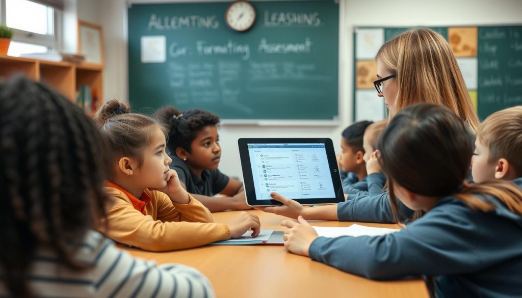 Teacher conducting formative assessment with students in classroom Teacher conducting formative assessment with students in classroom