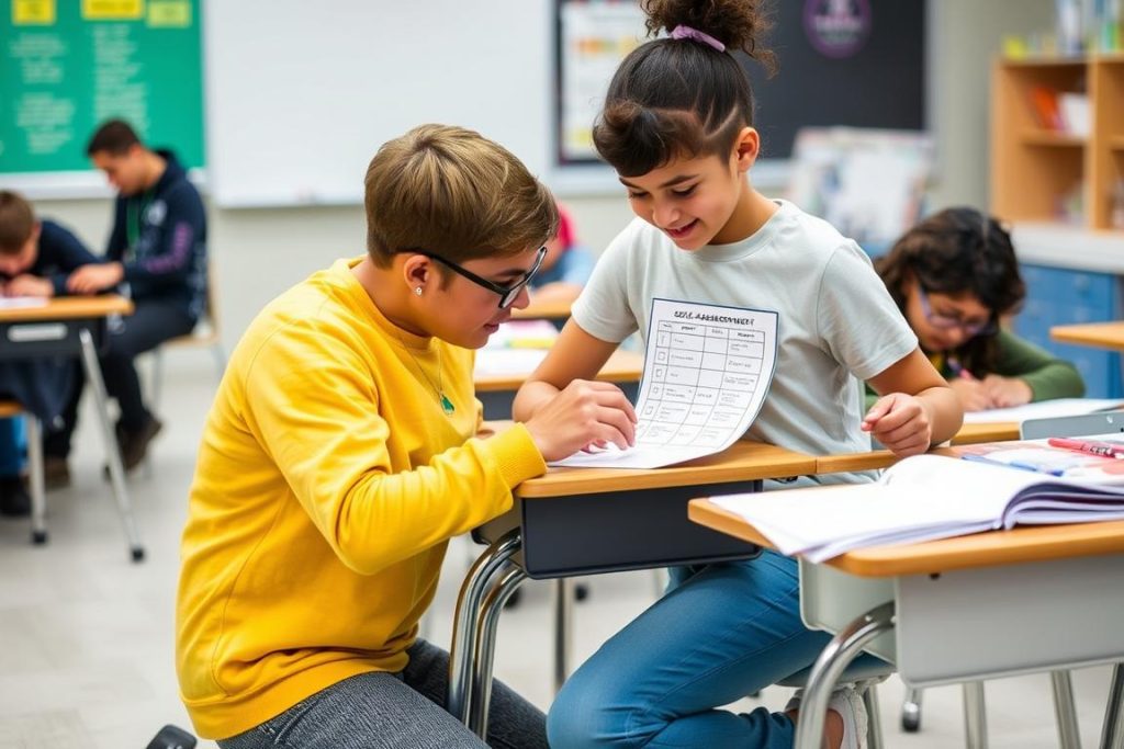 Teacher guiding students through a self-assessment activity Teacher guiding students through a self-assessment activity