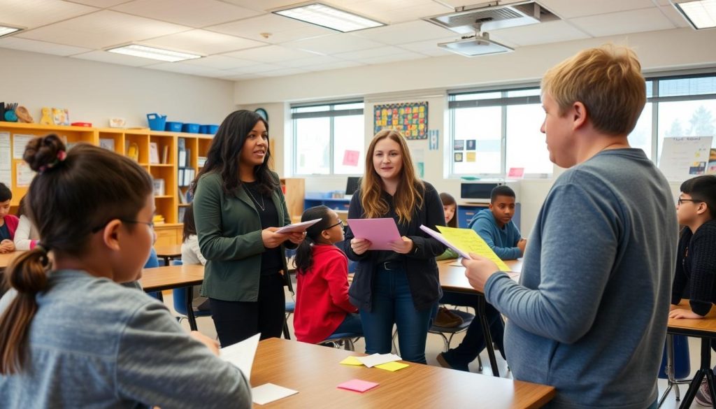 Teacher implementing exit ticket formative assessment strategy with students Teacher implementing exit ticket formative assessment strategy with students