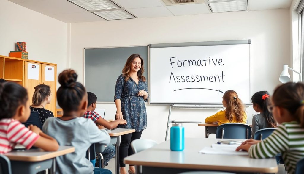 Teacher implementing formative assessment in a classroom with engaged students Teacher implementing formative assessment in a classroom with engaged students