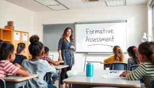 Teacher implementing formative assessment in a classroom with engaged students Teacher implementing formative assessment in a classroom with engaged students