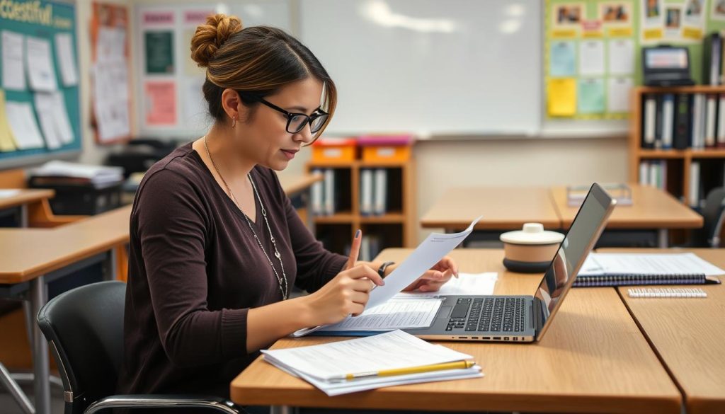 Teacher reviewing assessment data to plan instruction