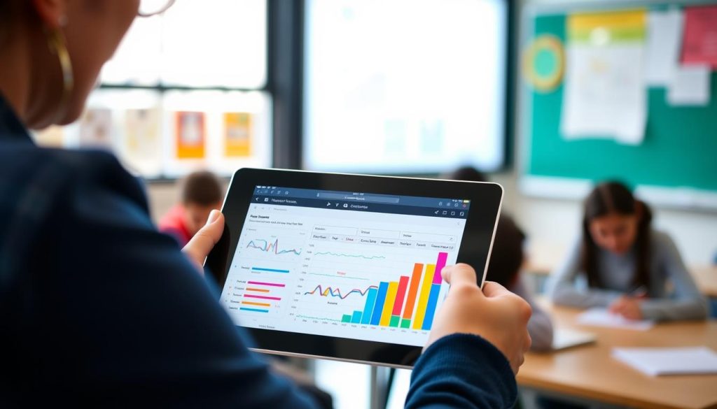 Teacher reviewing digital formative assessment results on a tablet Teacher reviewing digital formative assessment results on a tablet