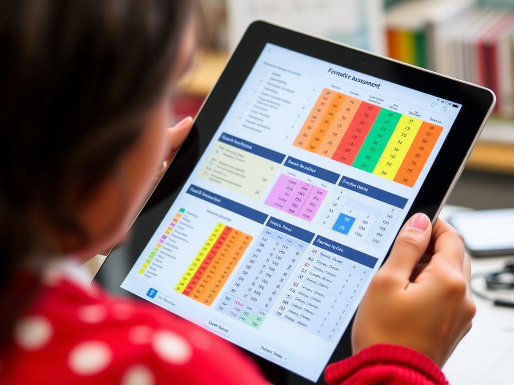 Teacher reviewing formative assessment data on tablet Teacher reviewing formative assessment data on tablet