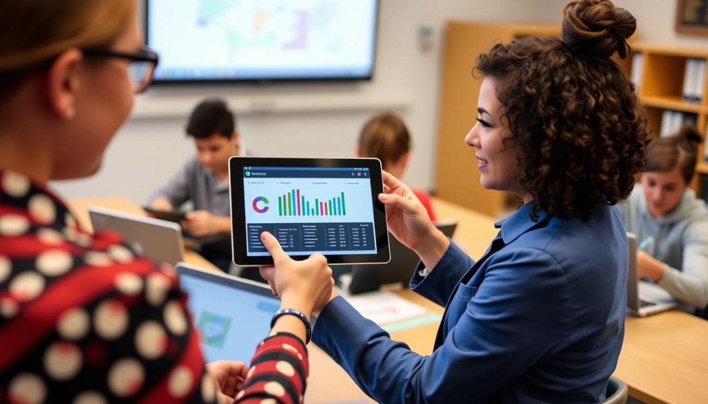Teacher using digital tools for formative assessment on a tablet Teacher using digital tools for formative assessment on a tablet