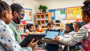 Teacher using formative assessment techniques with students in a classroom Teacher using formative assessment techniques with students in a classroom