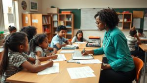 Teacher using formative assessment techniques with students in classroom Teacher using formative assessment techniques with students in classroom