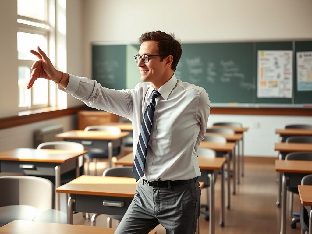 Teacher doing a quick stretch break between classes Teacher doing a quick stretch break between classes