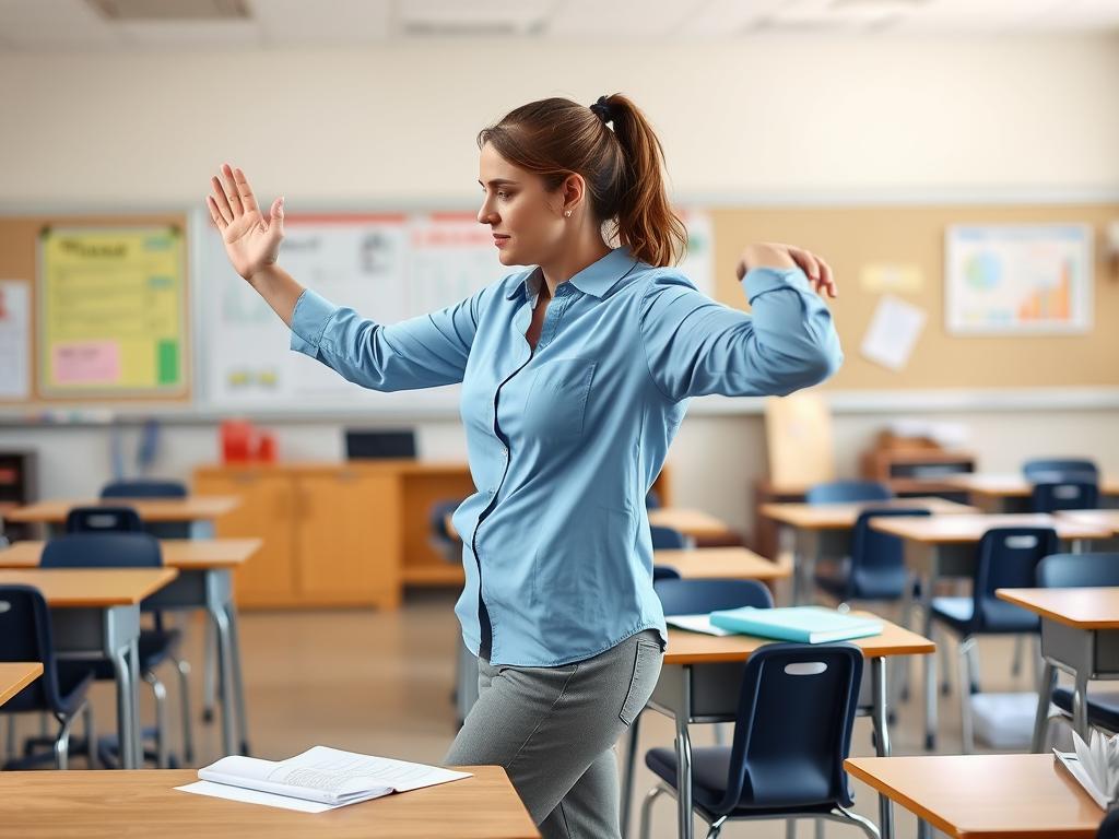 Teacher doing quick stretching exercises in classroom during break, demonstrating physical self-care Teacher doing quick stretching exercises in classroom during break, demonstrating physical self-care