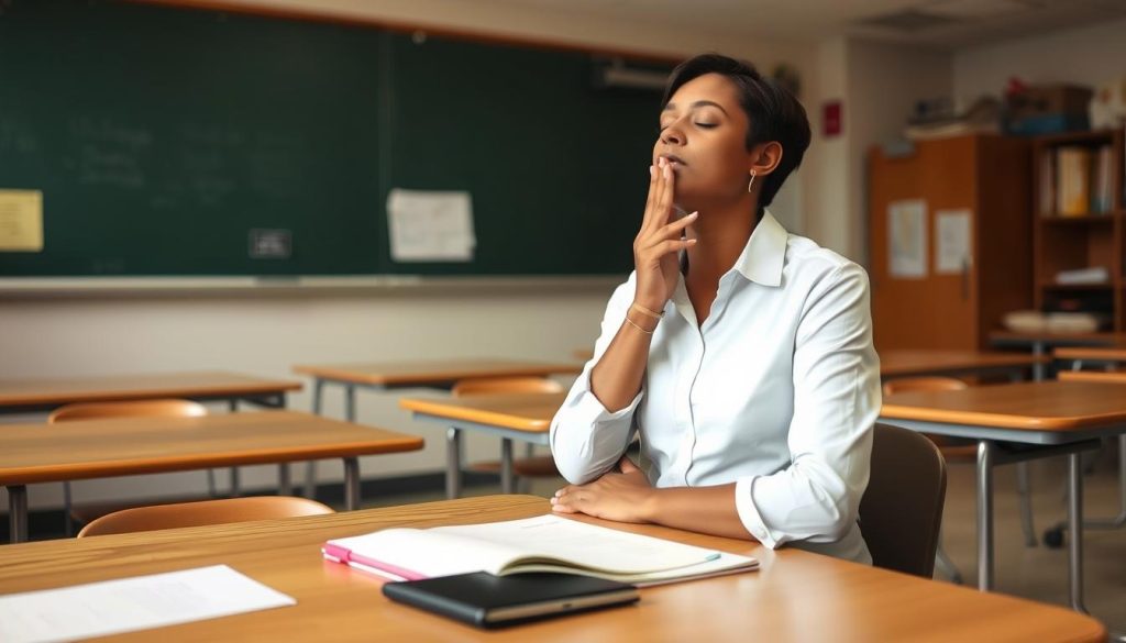 Teacher implementing quick self-care practice by taking a mindful moment at desk between classes