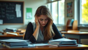 Teacher looking exhausted at desk with papers showing signs of burnout illustrating why Teacher looking exhausted at desk with papers showing signs of burnout, illustrating why self care is essential