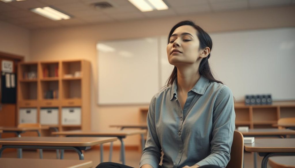 Teacher practicing mindfulness in a quiet corner of the classroom Teacher practicing mindfulness in a quiet corner of the classroom