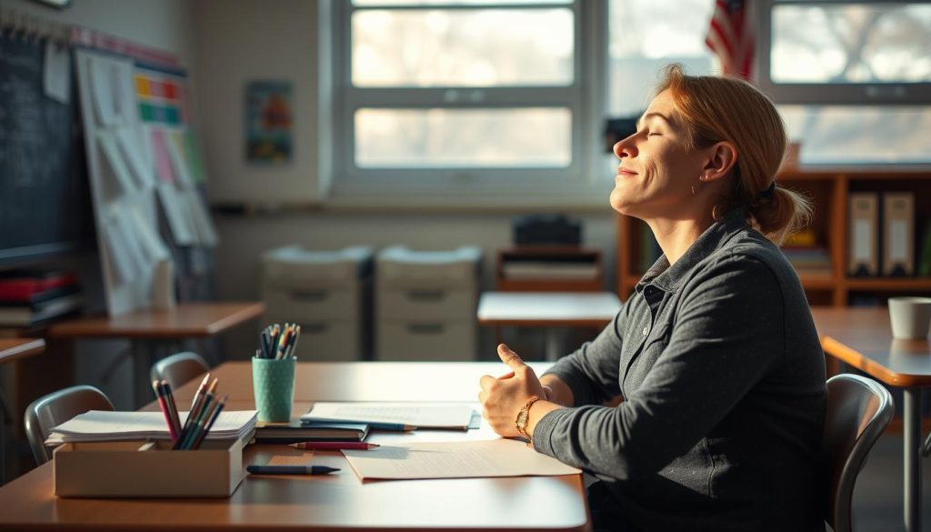 Teacher practicing mindfulness meditation at desk after school hours, demonstrating emotional self-care