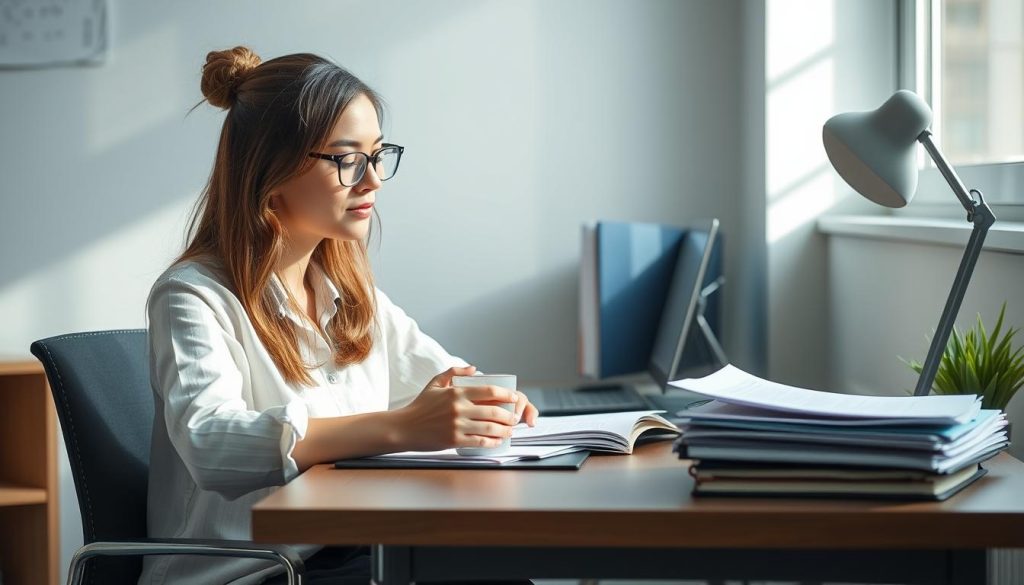 Teacher taking a moment for self care while grading papers Teacher taking a moment for self care while grading papers
