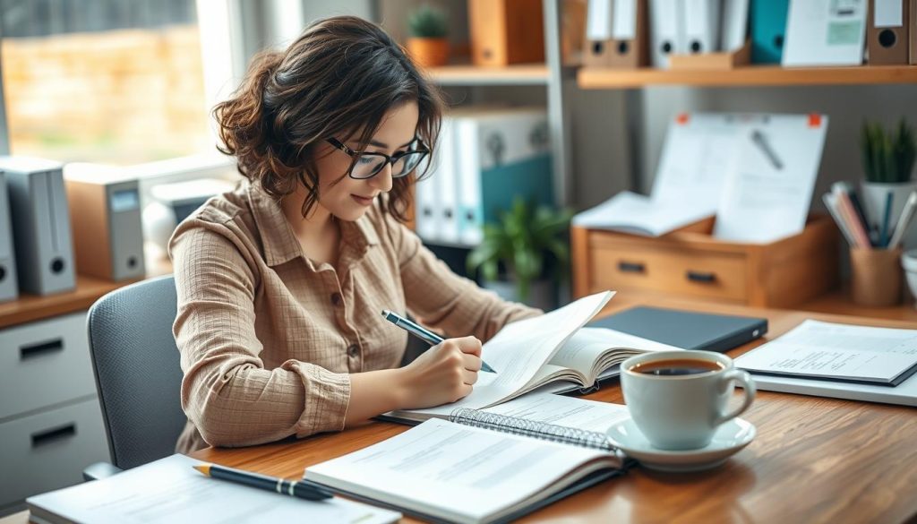 Teacher writing in a self-care planning journal Teacher writing in a self-care planning journal