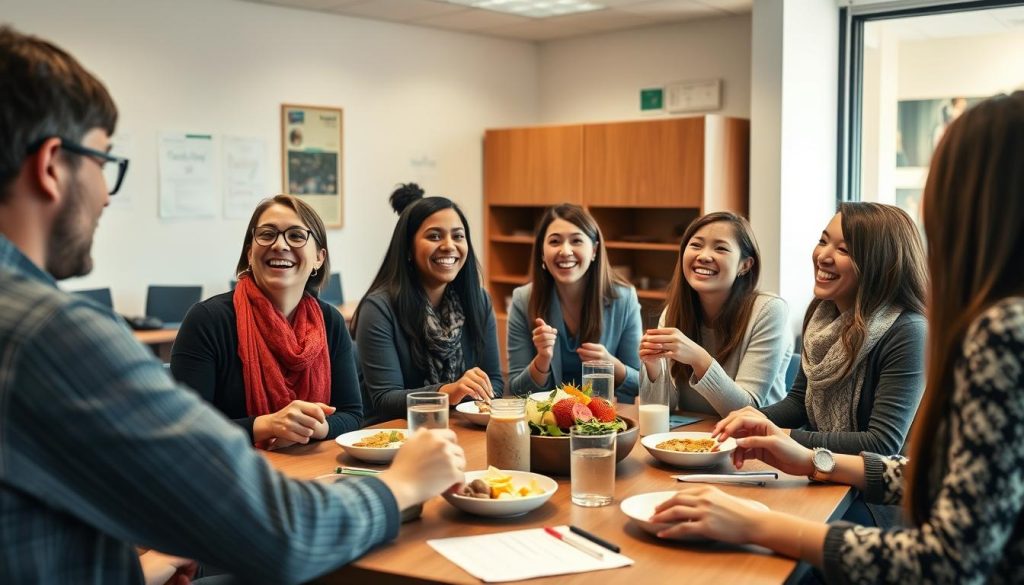 Teachers enjoying lunch together in staff room