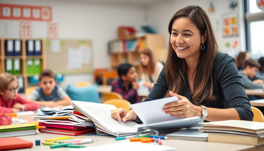 Confident, well-rested teacher preparing engaging lesson with enthusiasm Confident, well-rested teacher preparing engaging lesson with enthusiasm
