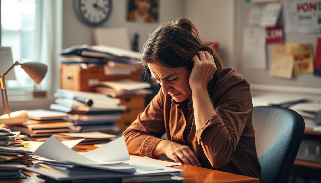 Exhausted teacher at desk implementing self care strategies Exhausted teacher at desk implementing self care strategies