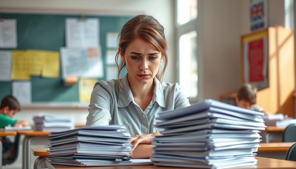 Exhausted teacher at desk showing signs of burnout while surrounded by papers and lesson plans Exhausted teacher at desk showing signs of burnout while surrounded by papers and lesson plans